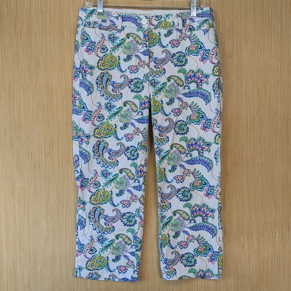 Talbots Perfect Skimmer Paisley Resort Colorful Cropped Pants White Multi Size 4